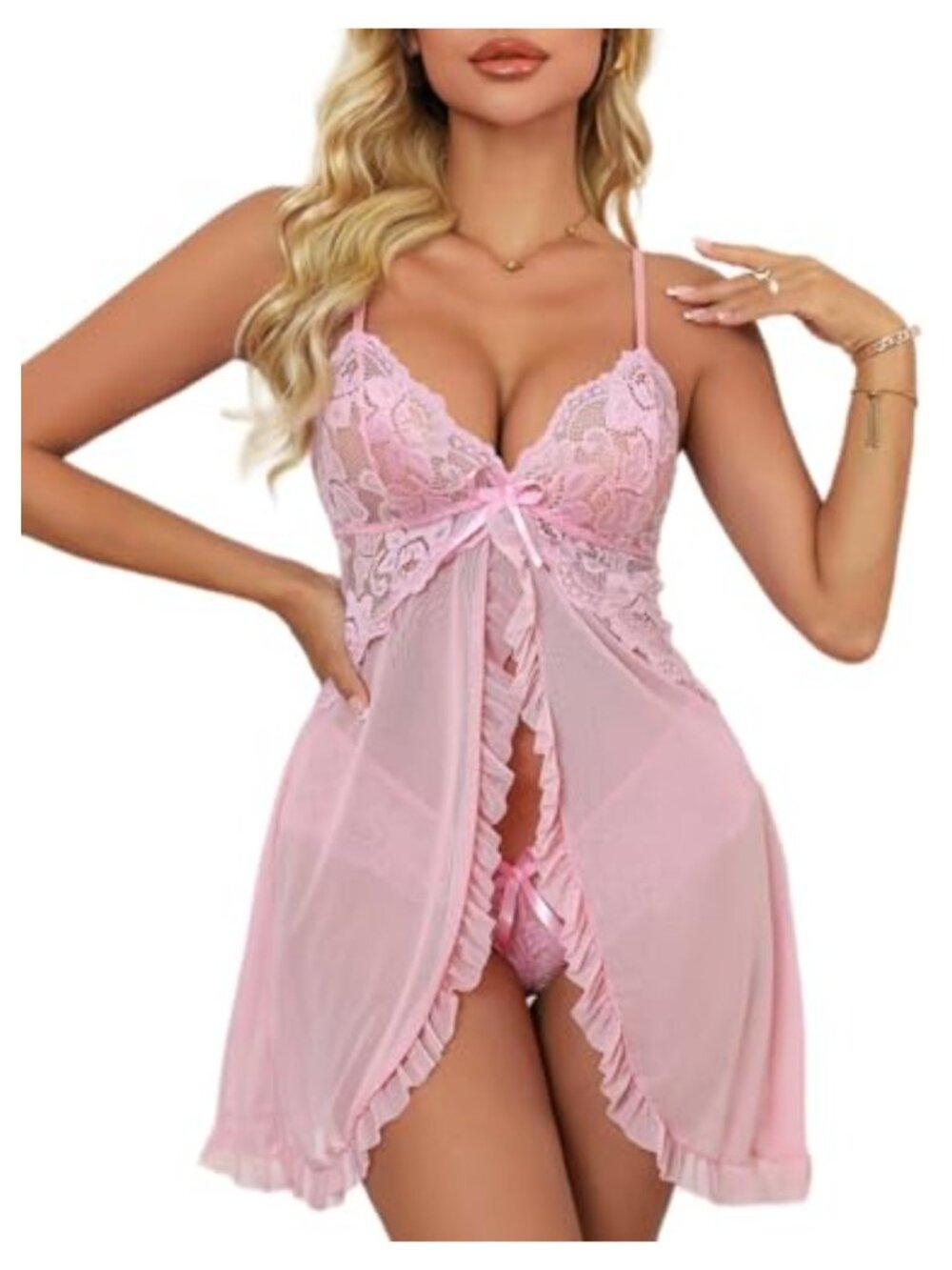 Lace Babydoll Chemise Set Open Front Ruffle Mesh Lingerie